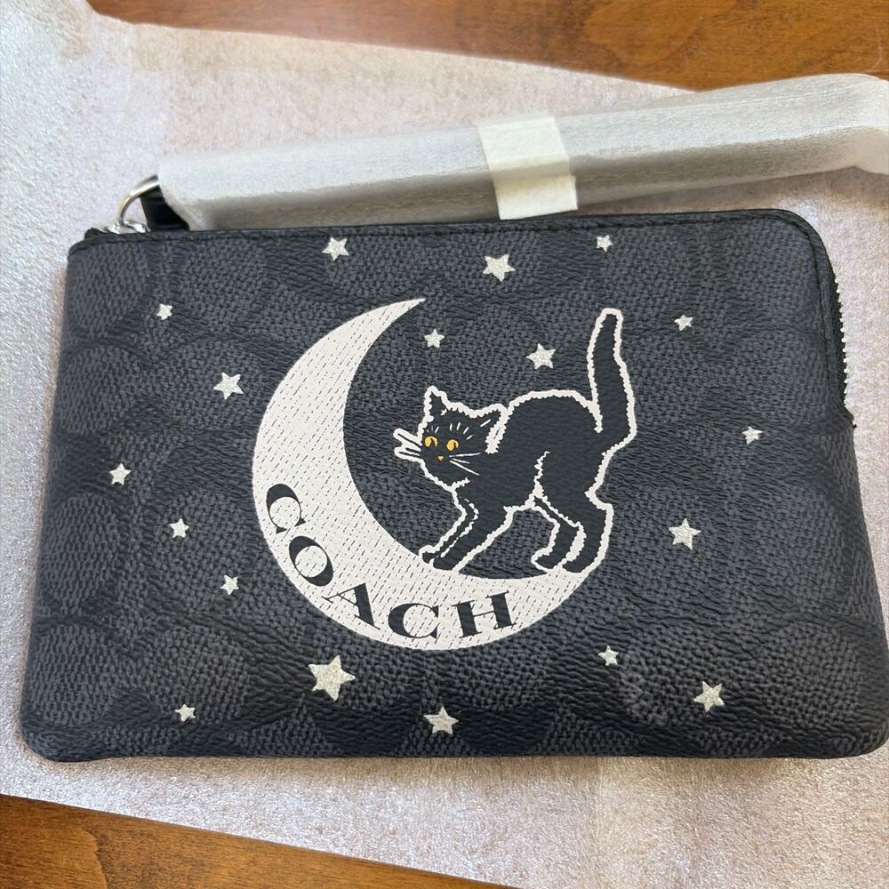 Coach Halloween Cat Moon Signature Canvas Corner Zip Wristlet Clutch Wallet NWT